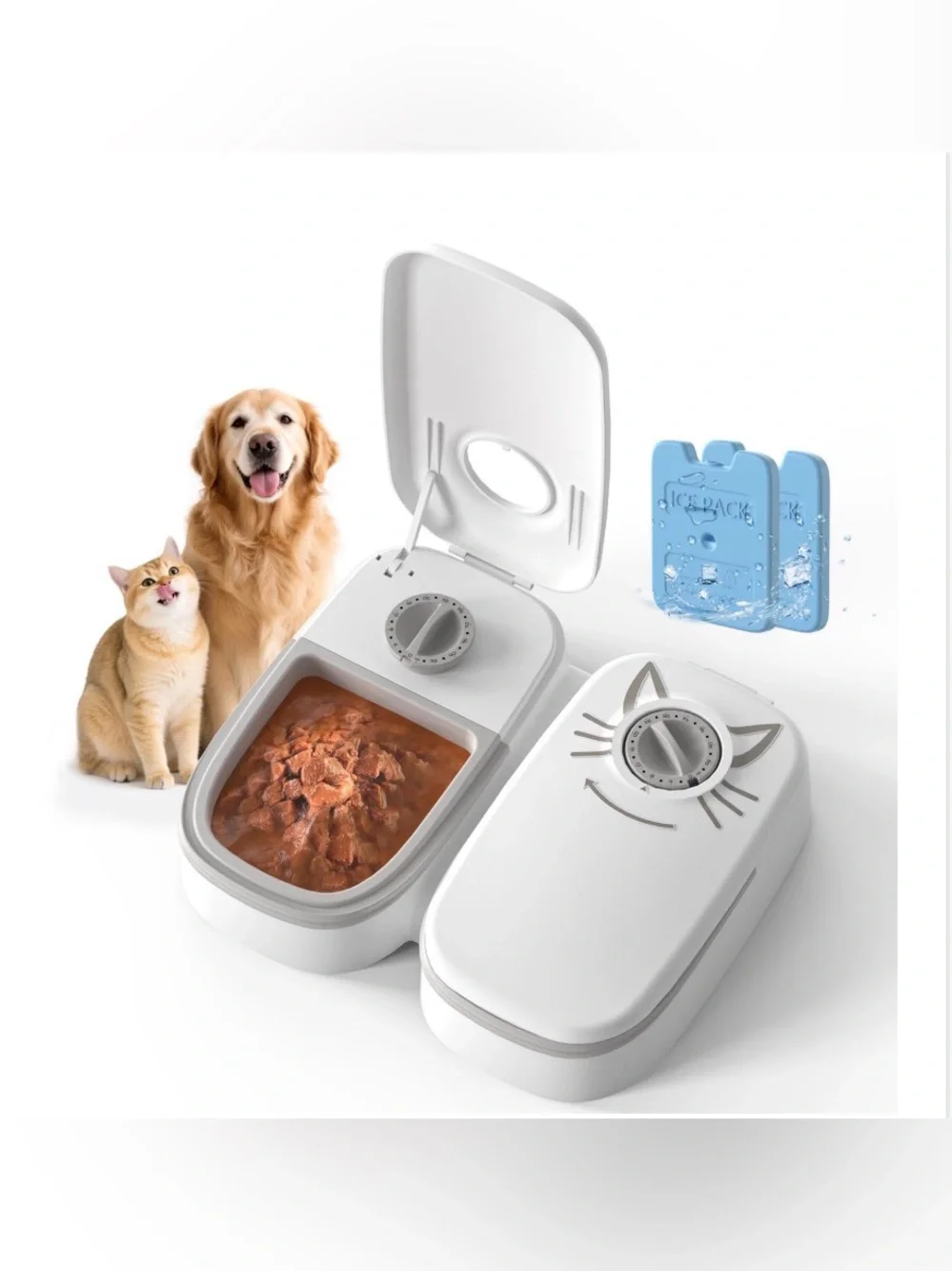 2-Meal Timed Cat Feeder, 48H Wet Food Dispenser with Ice Packs
